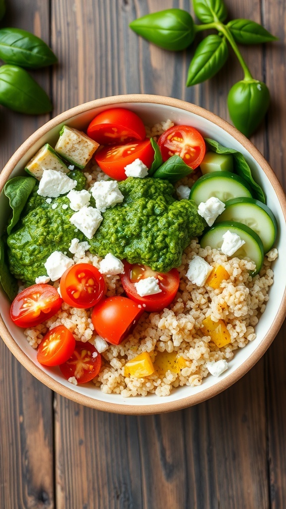 A colorful quinoa bowl with pesto, cherry tomatoes, cucumber, and spinach, garnished with feta cheese on a wooden table.